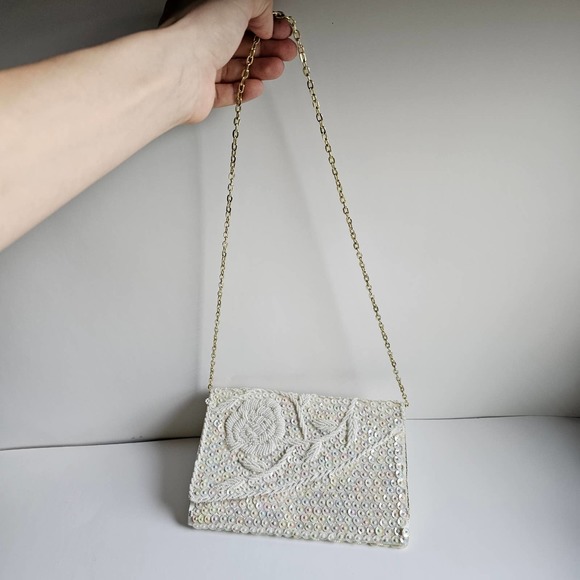 La Regale Clutch Chain Handbag Vintage White Cream Sequin - Picture 7 of 9